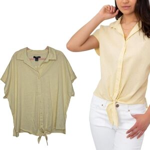 Jordache XXL Linen Blend Yellow Button-Up Tie Front Top